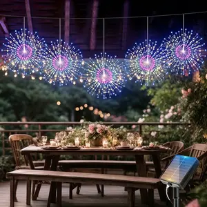 Set of 5 solar outdoor fireworks lights (uses 450 LEDs; 90 LEDs per string, total of 5 strings). Shiny star burst spherical design, perfect for decorating courtyards, umbrellas, eaves, gardens, and trees. Outdoor IP44 splashproof rating.