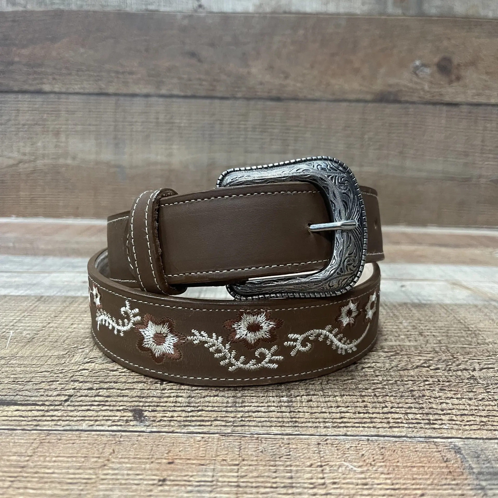 Women's Cowgirl Genuine Cow Leather Western Belt White Flower Embroidery Handmade in Mexico Est.100