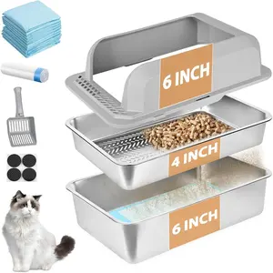Stainless Steel Sifting Litter Box for Pine Pellets, 23.6''Lx15.7''Wx12''H  Litter Box with Lid for Indoor Cats Metal Pellet Sifter Litter Pan with Plastic Scoop &10  Pads (6 Inch)