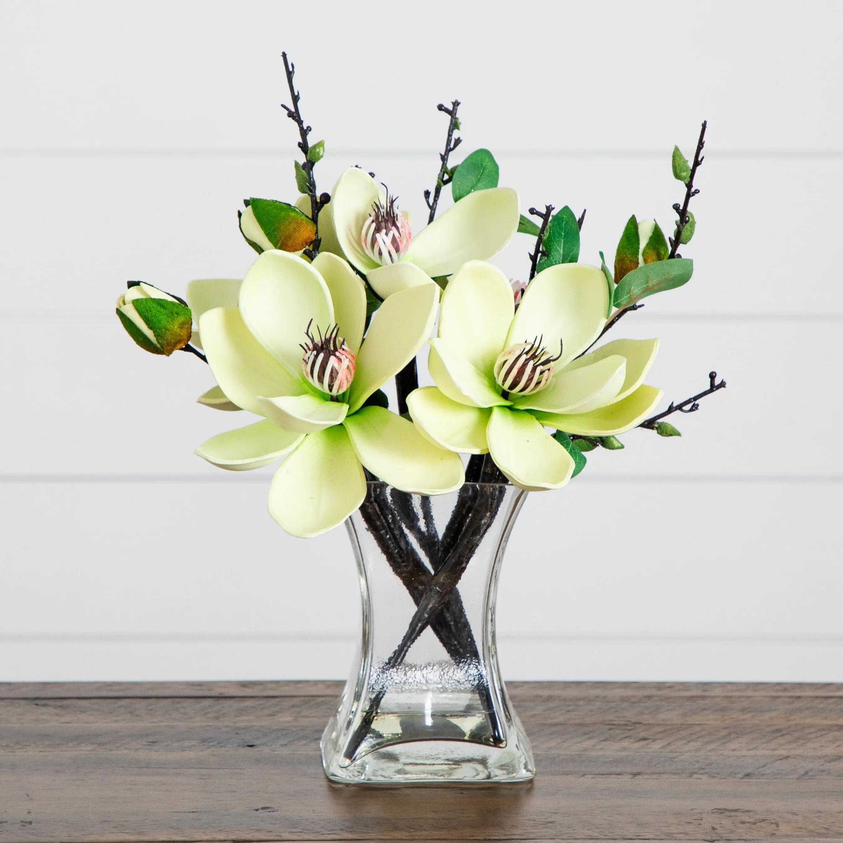 Artificial Magnolia Decorative Bouquet with Modern Styled Glass Vase - Artificial Floral Ornaments, Serene White Blooms, Home Or Office Fit, Instant Elegance for Indoor Home Decor Arrangement