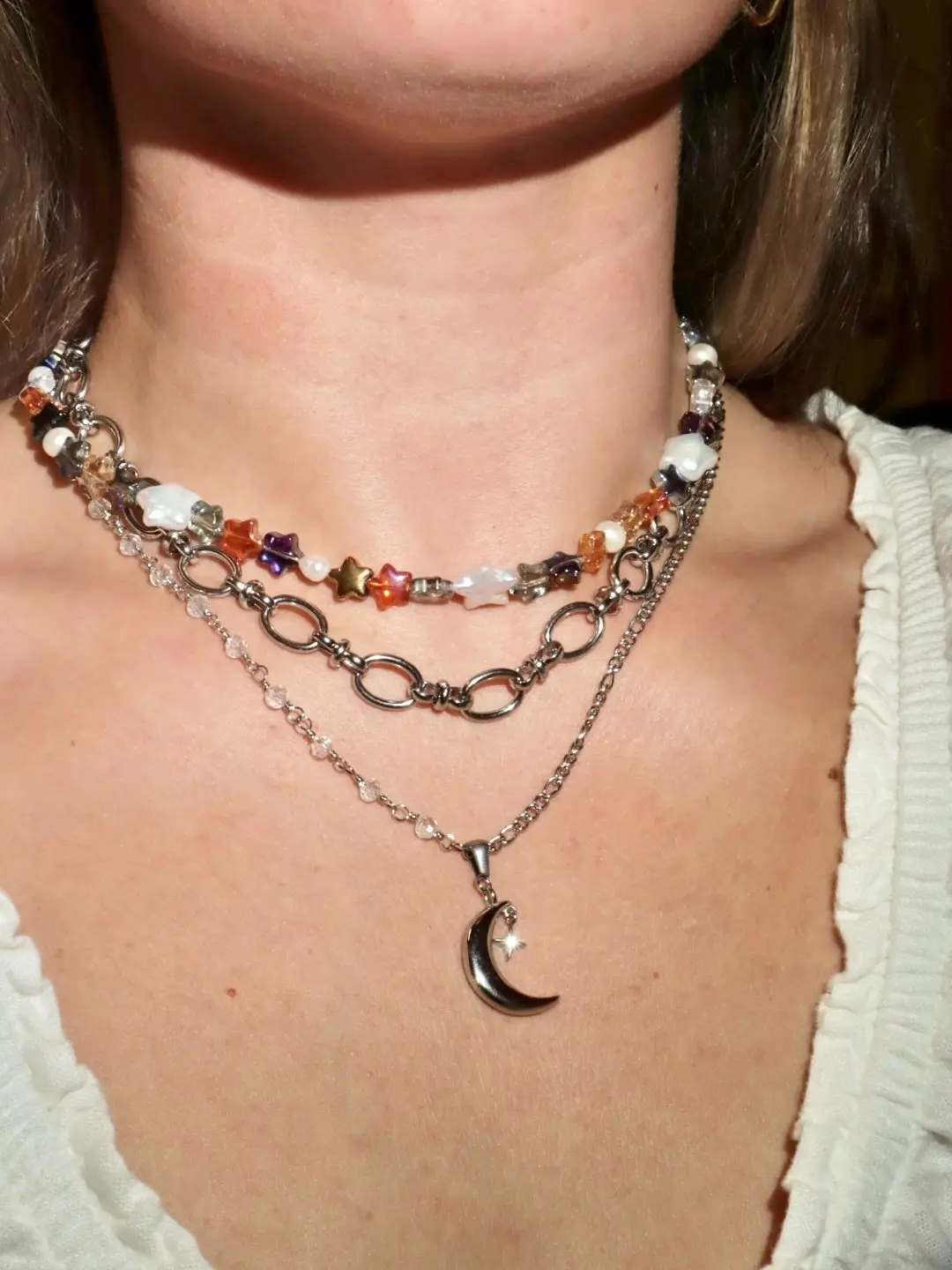 Split In Two Crescent Moon Necklace , Stainless Steel , Non Tarnishing
