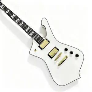White electric guitar with HH pickup, gold hardware, rosewood fretboard, 6 strings