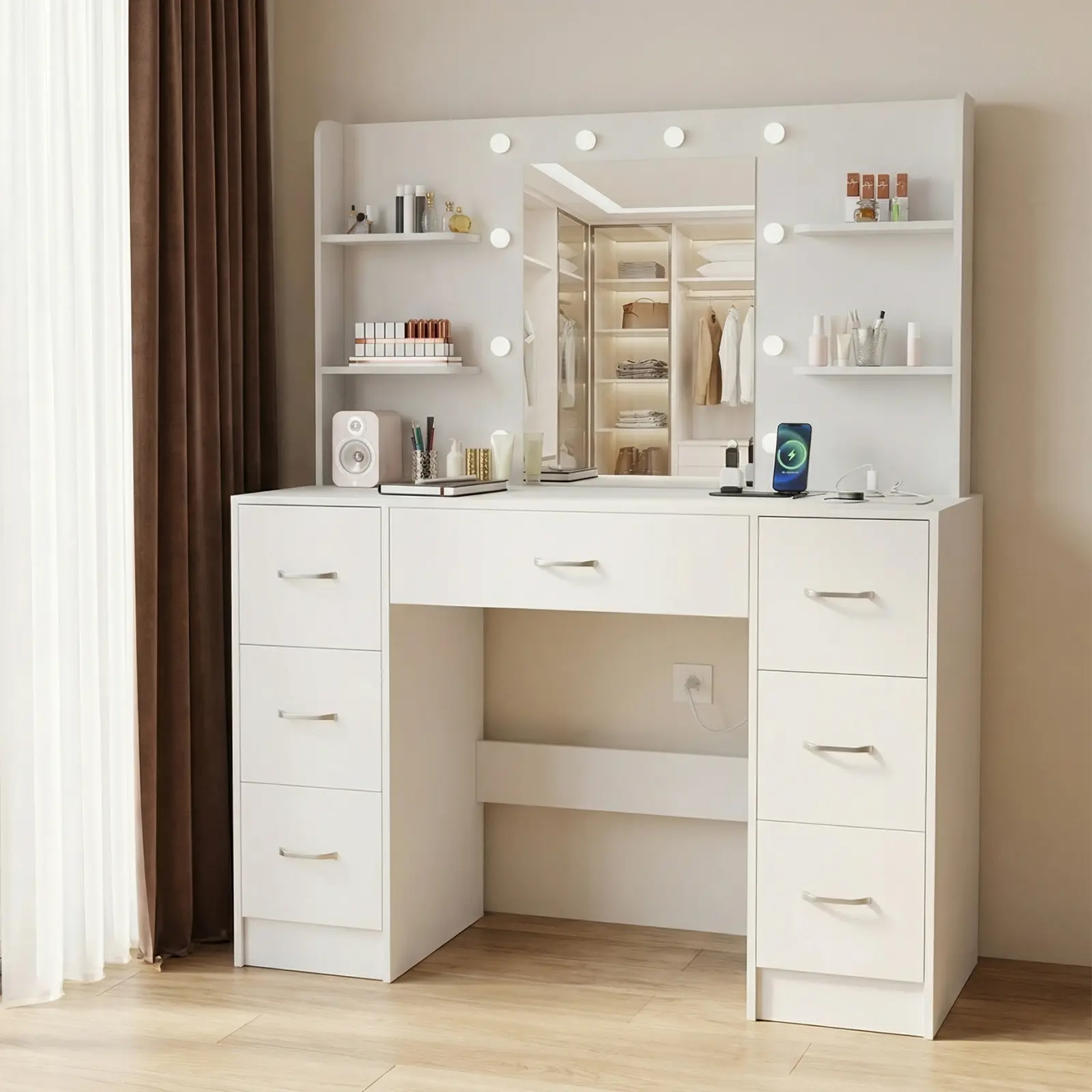 White Freestanding Makeup Vanity Desk with Mirror and Drawers - Large Size, LED Lights, Power Outlets, 7 Drawers, 4 Storage Shelves, Suitable for Bedrooms, Bathrooms, Vanities With Mirror And Lights And Drawers, White Freestanding Vanity