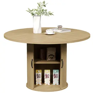 47" Round Dining Table for 4, Modern Fluted Circle Table with 2-Layer Storage and Sliding Door, Farmhouse Dinner Tables for Kitchen, Living Room,