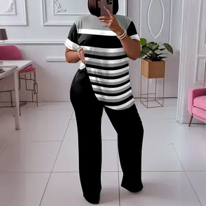 [2pcs Plus Size Set] 2pcs Plus Size Color Block Set | Elegant Crew Neck Short Sleeve Top & Straight Leg Pants | 95% Polyester 5% Elastane, Medium Stretch Knit Fabric, Machine Washable