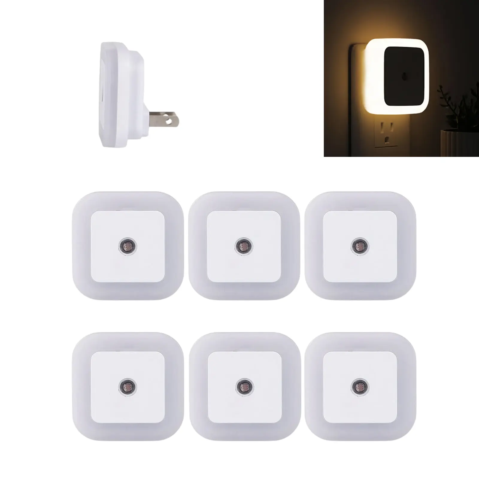 Square Light-Controlled Night Light, 6-Pack LED Plug-In Night Light with Smart Dusk-to-Dawn Sensor, Energy-Efficient 3000k Warm White Glow for Bedrooms, Hallways, Bathrooms