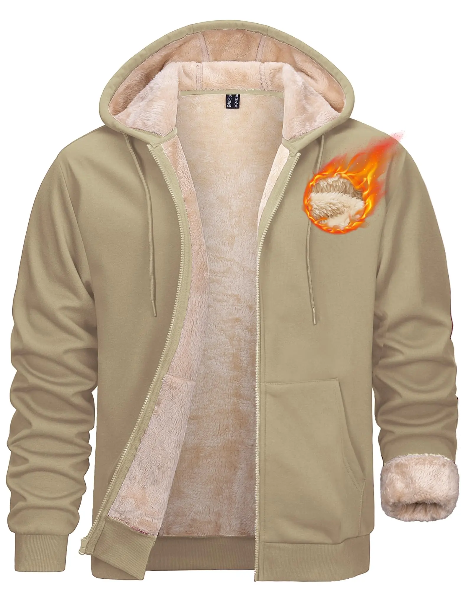 Men's Zip-Up Sherpa Lined Hoodie - Casual Menswear Long Sleeve Tops, Winter Warmer Thick Fleece Sweatshirt, Adjustable Drawstring Hood, Heavyweight 60/40 Cotton-Poly Sports Outerwear Jacket, Ribbed