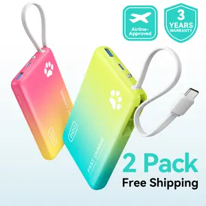 INIU【2 PACK】PawGO 45W 10000mAh Power bank, Slim PD Fast Charging Portable Charger with Build in USB-C Cable,  Perfect Gift Travel Camping Battery Pack, External Phone Charger for iPhone 17 16 15 14 13 12 11 Series Samsung Google Pixel iPad Compact Handy