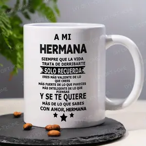 1pc 11oz Ceramic Coffee Mug with Heartfelt Spanish Sister Message "A Mi Hermana" - Pink Handles & Rim, White Interior, Dishwasher Safe, Perfect Gift for Birthdays, Holidays, Home Decor or Party Use, Coffee Cup, Holiday Drinkware, Birthday Present, Decorat