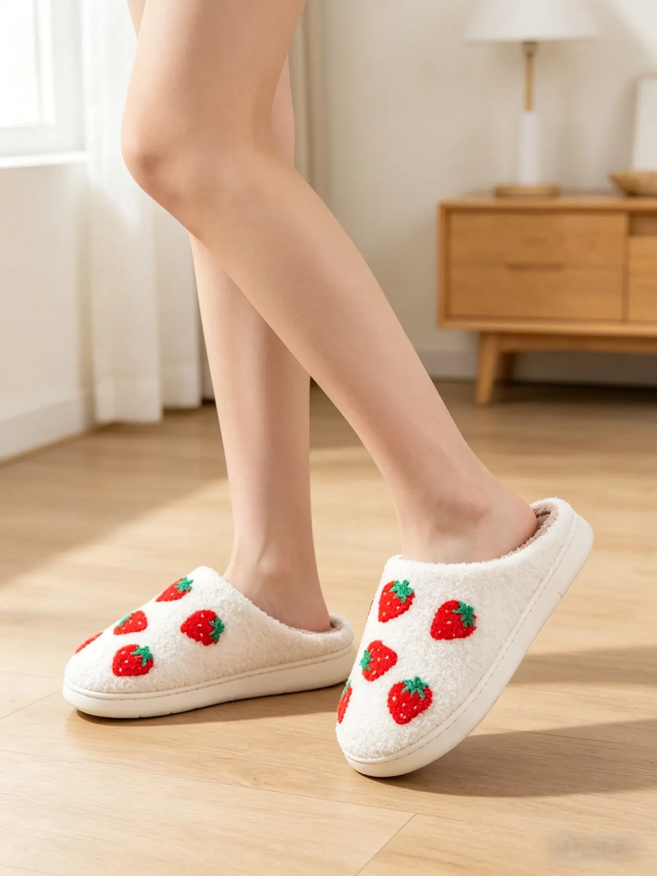 Cute Strawberry Embroidered Fluffy Plush Slippers for Women, House Slippers, Footwear, Soft Teddy Fleece Lining, Warm Inner Sole, Non-Slip Thick Bottom, Indoor Bedroom Casual Wear