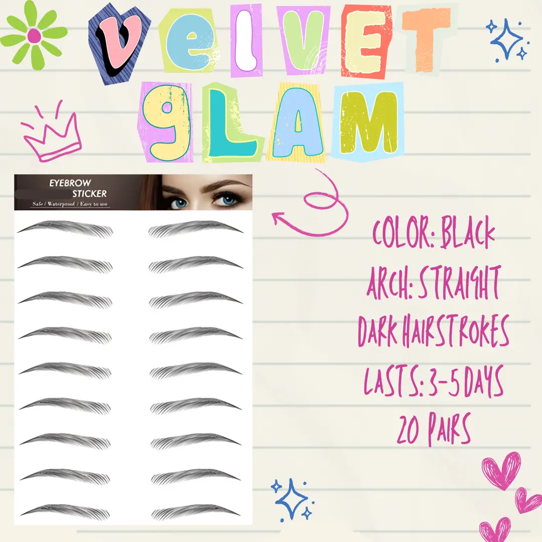 Velvet Glam Instant Brows - Black Straight Arch Waterproof Smudge-Proof 20 Pairs for Medium Sparse Brows Lasts 3-5 Days