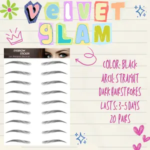 Velvet Glam Instant Brows - Black Straight Arch Waterproof Smudge-Proof 20 Pairs for Medium Sparse Brows Lasts 3-5 Days