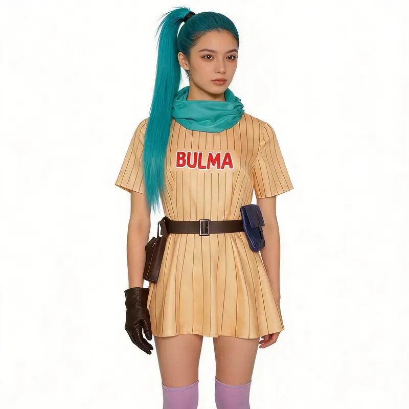 Dragon Ball Bulma Yellow Striped Cosplay Costume, Full Set Anime Girl Outfit for Stage Performance & Cosplay