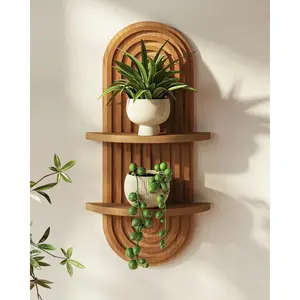 Bohemian Style Wall Decoration Brown Plant Wall Shelf, Mid-Century Modern Style Decorative Hanging Plant Shelf, Two-Layer Wooden Floating Shelf Suitable for Home, Bedroom Living Room, Office, Flower Pot Decoration Christmas Ornament