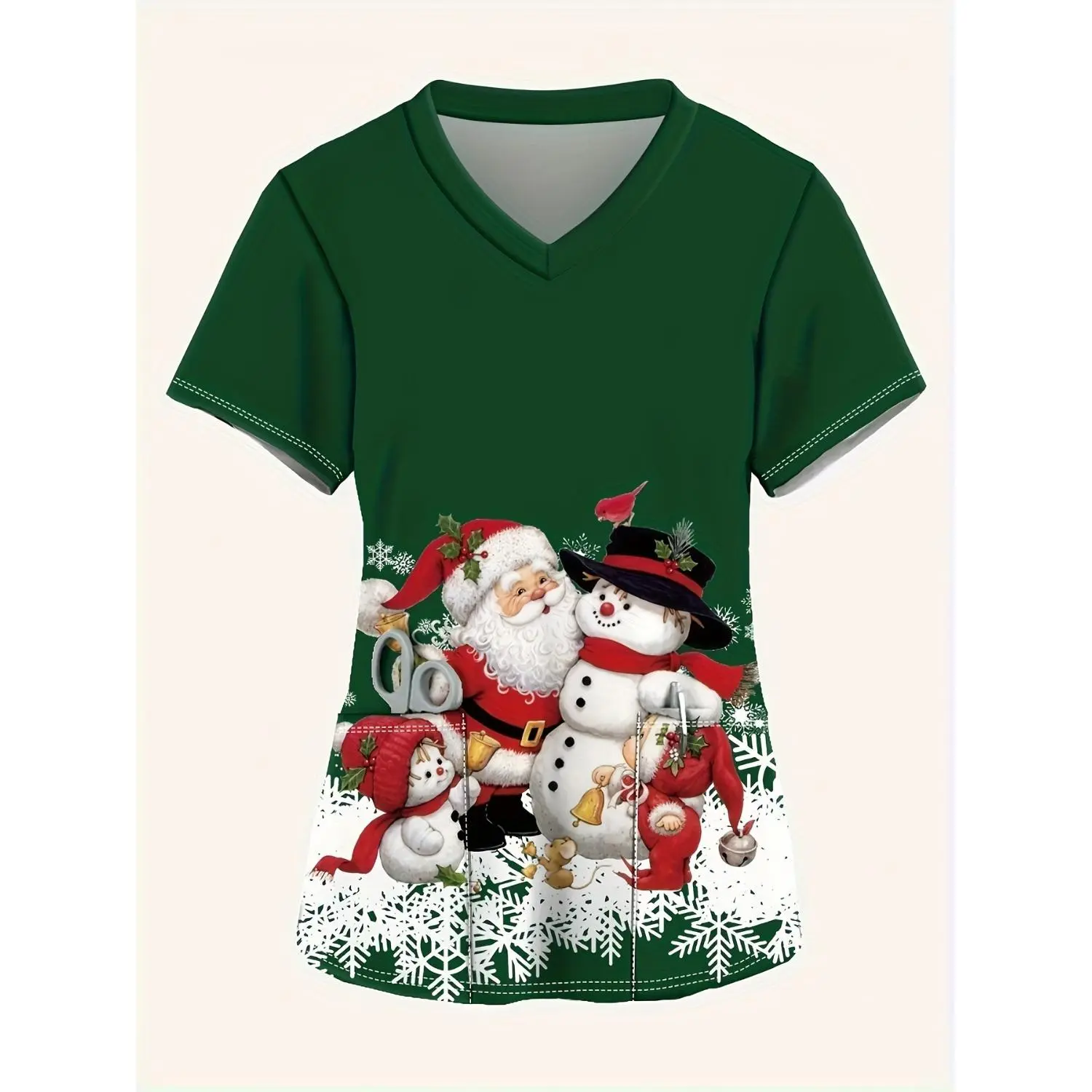 Green Christmas Snowman Print V-Neck Short Sleeve Top - Casual Comfortable Women's Nurse Uniform with Pockets