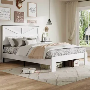 Multi-Size Farm Style Bedframe Set – Wooden Storage Headboard & Footboard, Metal Slats Support, No Box Spring Needed, Noise-Free, Easy Assembly, White (King Size Bed Frame Set, Queen Bed Frame with Headboard Inclusive)