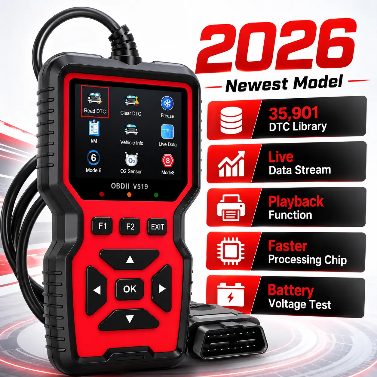 OBD2 Scanner Diagnostic Tool, Car Voltage Tester with Full OBDII Functions, Read/Clear Codes, Mode 6 & 8 Tests for Most 2003+ OBDII/EOBD Vehicles, Car Scanner Fixed, Engine Diag., 16-Pin Interface