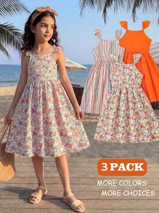 Young Girls Floral Striped Full Print Solid Color Halter Cute Casual Dress Three-Piece Set, Stylish & Comfortable, Sundress
