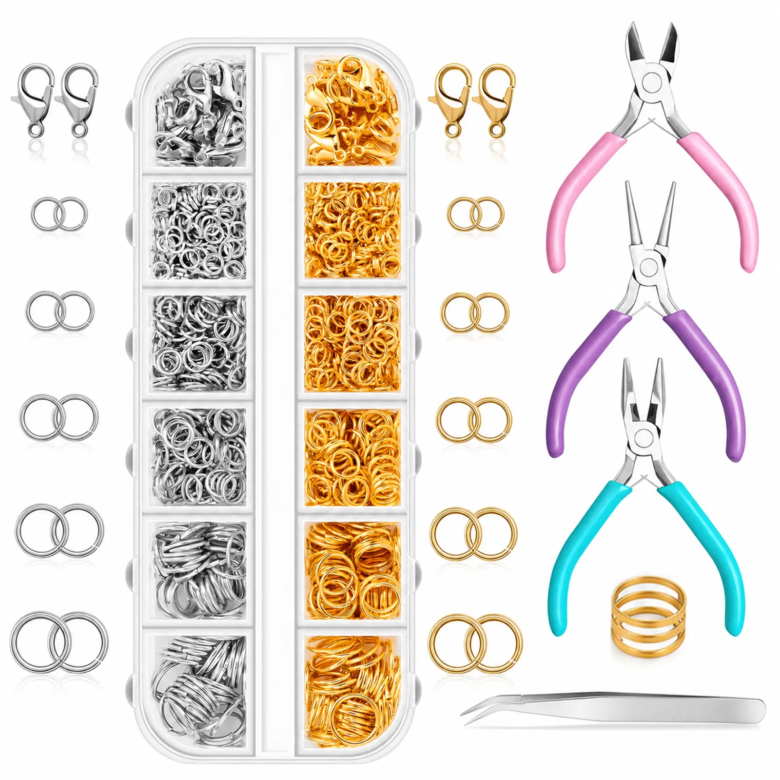 Complete DIY Jewelry Kit – Gold & Silver Rings, Clasps & Tools for Handmade Bracelets & Earrings