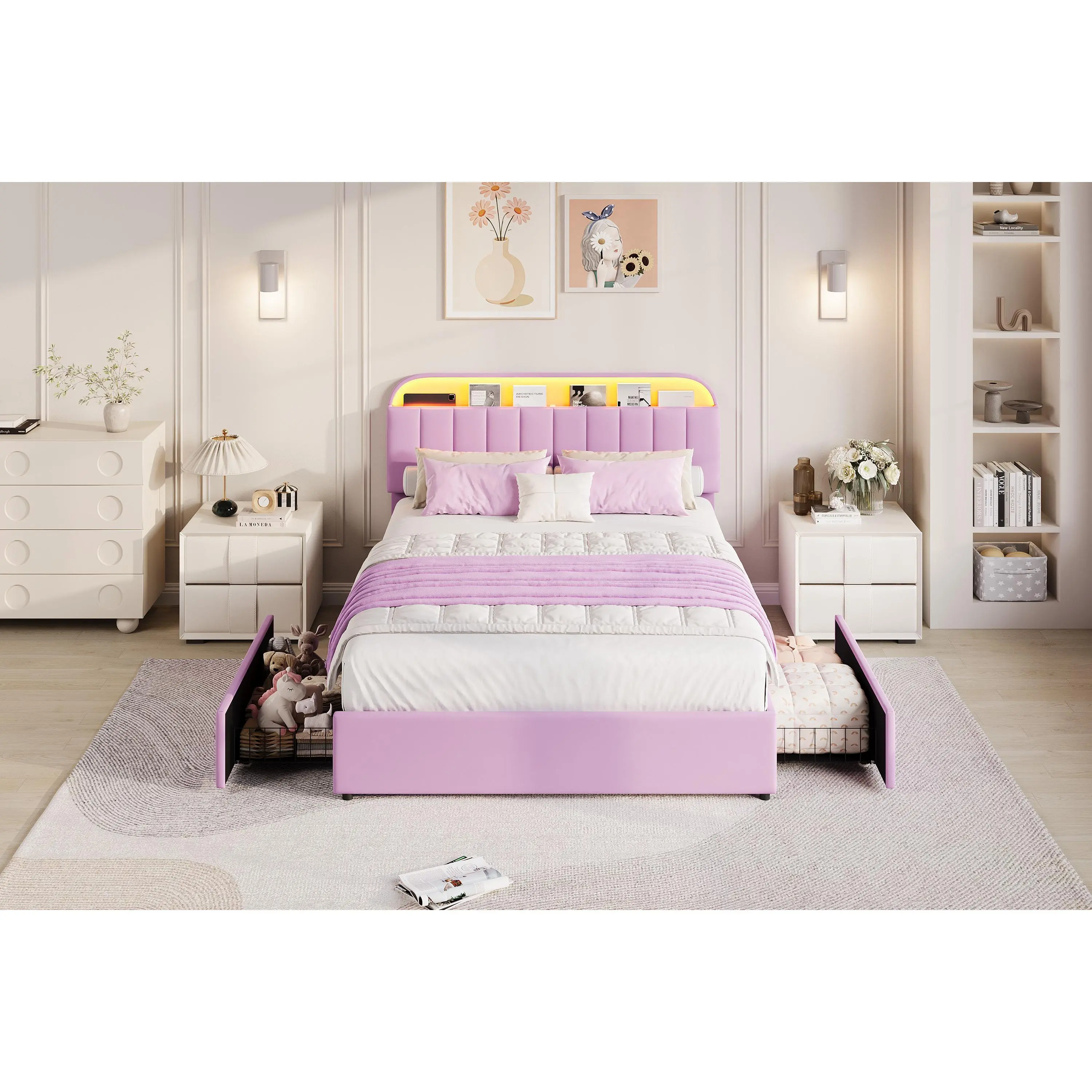 Bed Frame with 2 Flexible Drawers, Velvet Upholstered Platform Bed Frame with Bookcase Headboard and LED Lights, Kids Bed for Girls, Easy Assembly, Noise Free