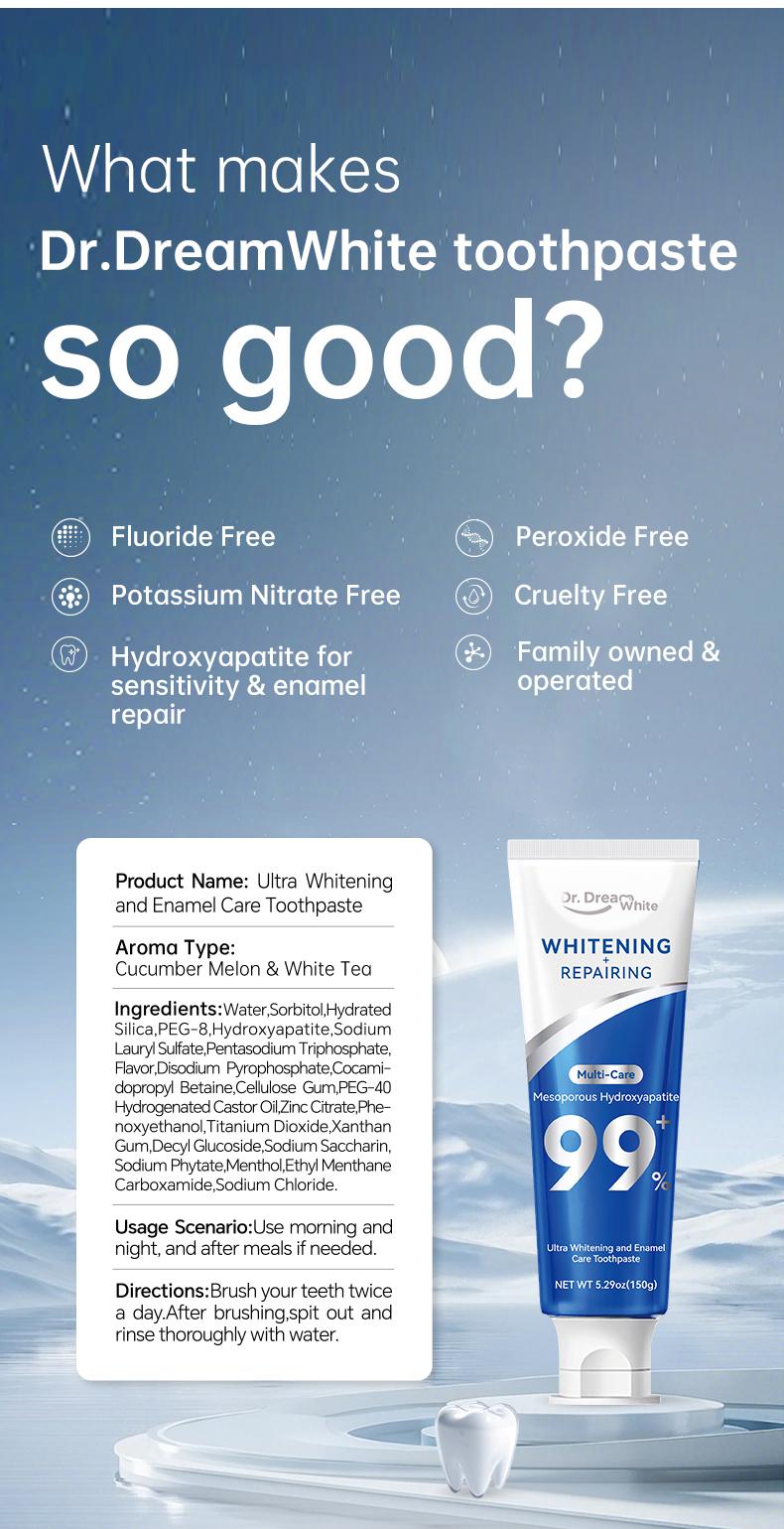 Dr.DreamWhite Mesoporous Hydroxyapatite mHAP Toothpaste | Ultra Whitening  &  Enamel Reparing | Fresh Breath | Cucumber Melon & White Tea Flavor | 5.29oz