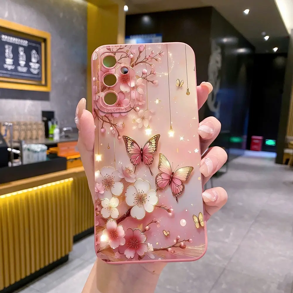 for Compatiable with Samsung Galaxy A16 A06 A15 A05 A25 A35 A55 A14 A24 A34 A54 A33 A53 A73 A32 A52S A72 Flower Butterfly Aesthetic Shockproof Decorative Smartphone Protector TPU Smartphone Cover Full Len Protection Protective Case Casing, Accessories