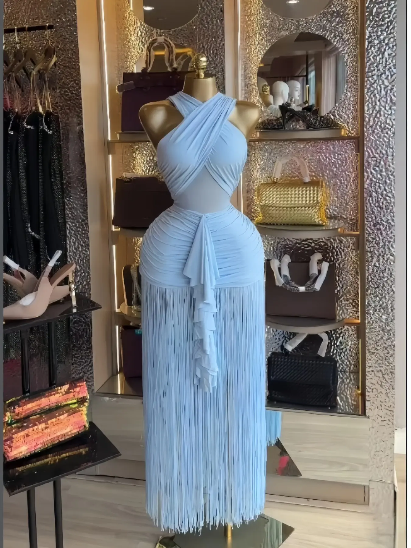 PULKRITU Women's Cross Strap Sleeveless Fringe Maxi Formal Prom Dress,Evening Prom Gown,Spring Lady Skirts,Sexy Design Elegant Style Party Outfit,Evening Cocktail Night Tassel Chic Engagement Dresses