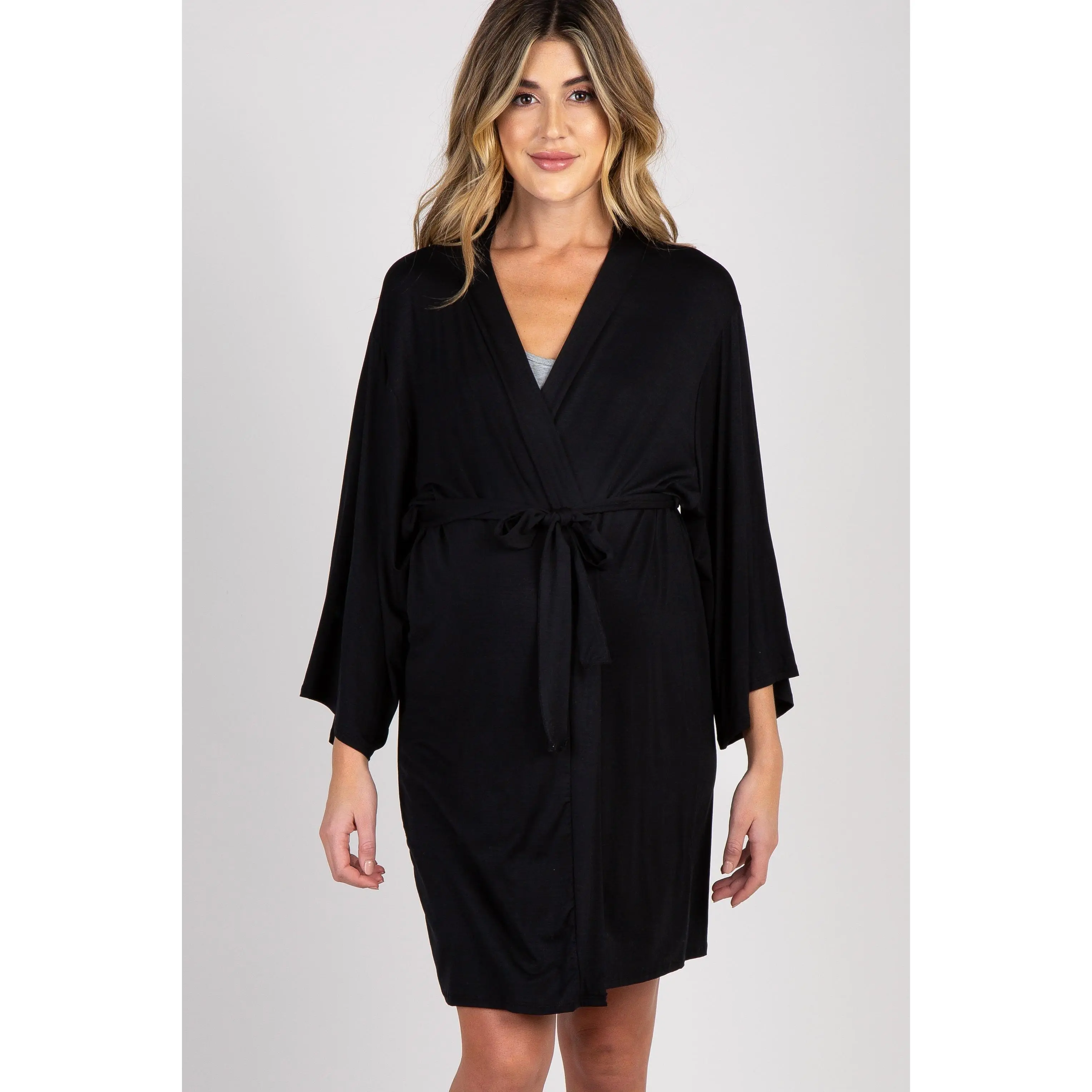 Women's Soft Solid Black Maternity Nursing Robe for Delivery and Breastfeeding, Hospital Gown with an Adjustable Tie Waist, Maternity Nursing Gown, Nursing Apparel
