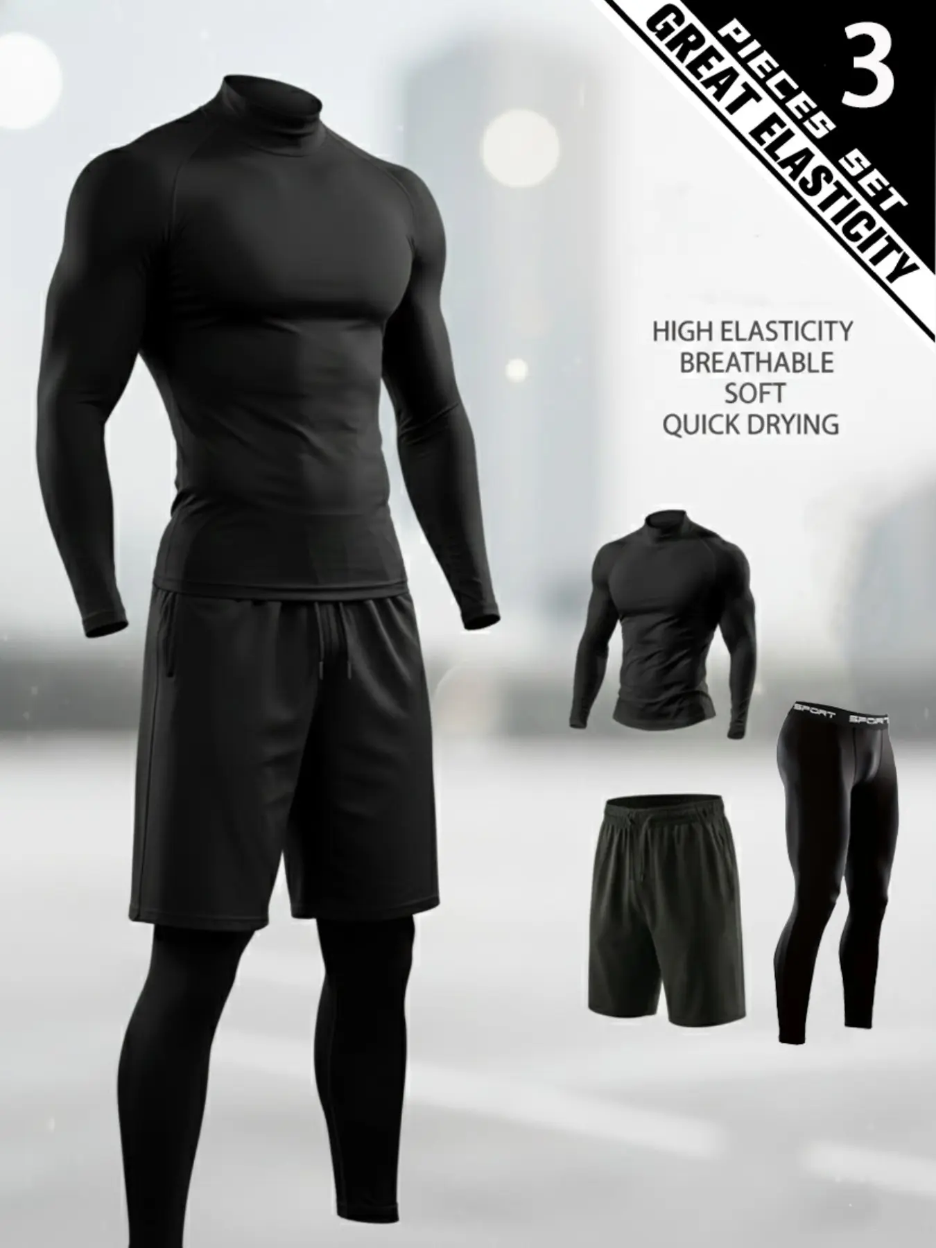 Men's 3 Piece Performance Workout Set, Long Sleeve Gym Shirt, Training Pants and Athletic Shorts, Breathable Stretch Activewear Sweat Suit for Fitness Training Clothes, Running, Workouts and Daily Sports Wear