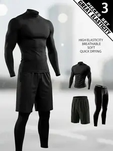 Men's 3 Piece Performance Workout Set, Long Sleeve Gym Shirt, Training Pants and Athletic Shorts, Breathable Stretch Activewear for Fitness Training, Running, Workouts and Daily Sports Wear, Athletic Style Activewear, Sports Clothing Set