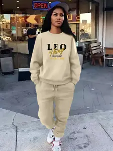 Women's Casual Letter Print Long Sleeve Hoodie Set, Fitted Round Neck Pullover with Pants, Comfortable Daily Wear for Sports and Outdoor Activities