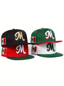 M Embroidery Flat Brim Baseball Cap for Men and Women, Mexico Color Style Adjustable Snapback Hat, Snapback Fitted