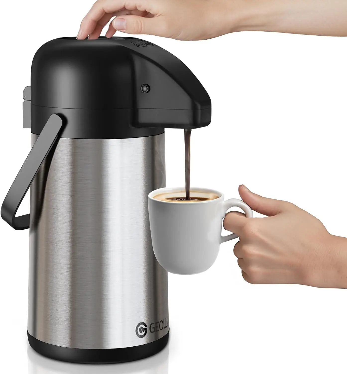 Insulated Stainless Steel Airpot Pump Dispenser - 64oz-85oz Size Choice Beverage Coffee Tea Carafe, Bonus Cleaning Brush, Modern Kitchenware for Seniors