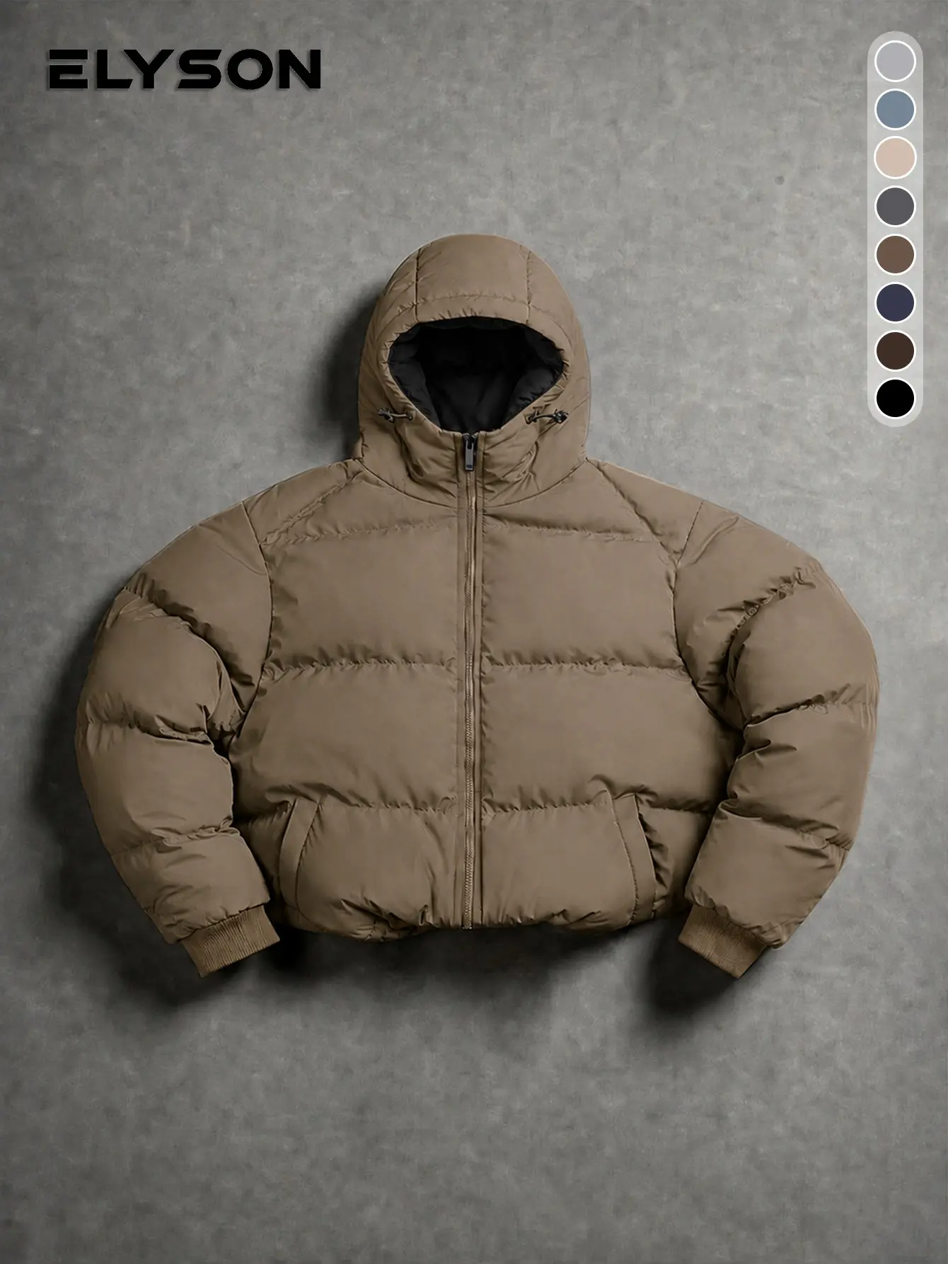 Men Khaki Cropped Hooded Quilted Jacket Drawstring Hood Rib Cuff Thick Warm Winter Puffer Coat