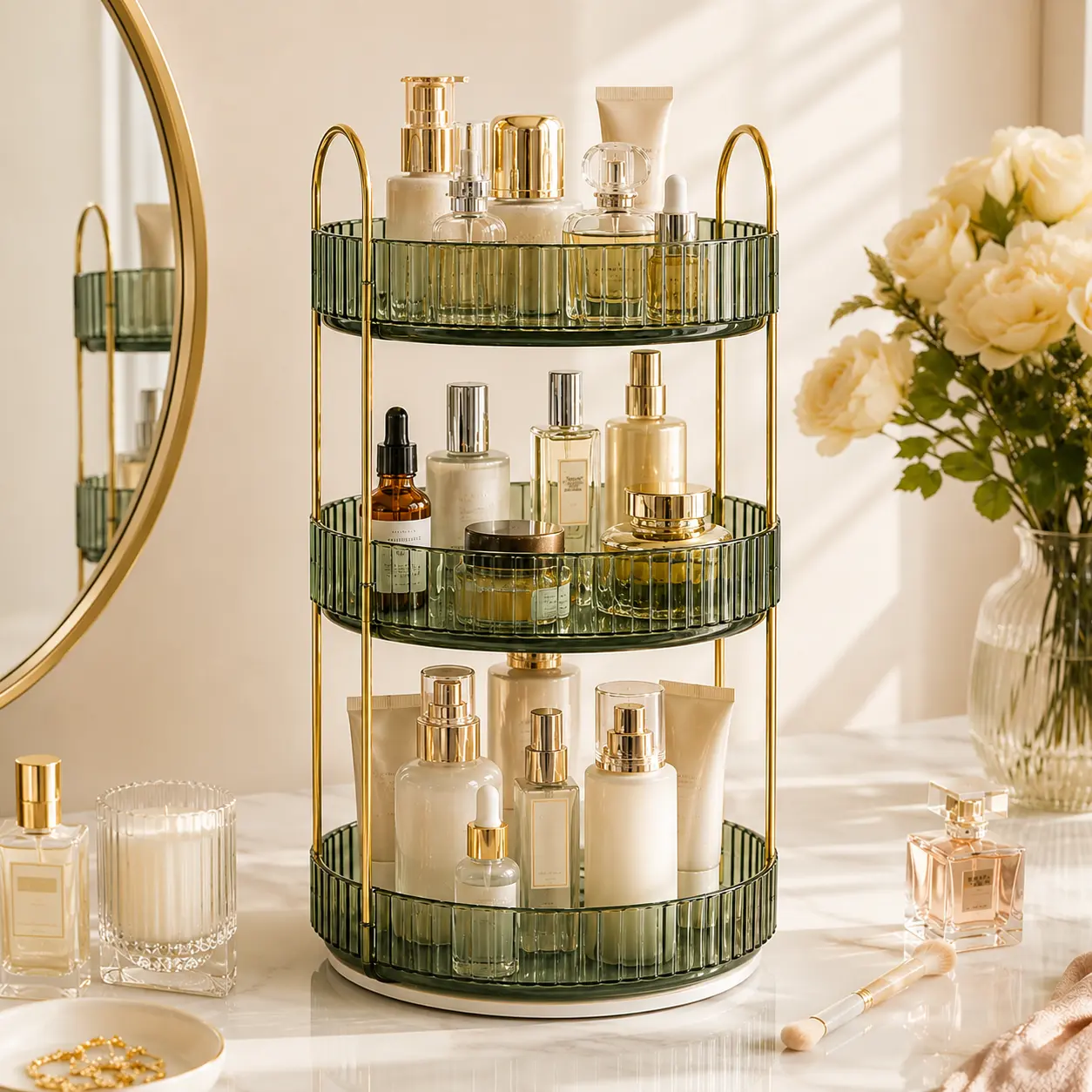 3-Tier Gold Decorative Freestanding Amber Beauty Organizer - 360° Rotating Vanity Storage Rack for Perfume, Fragrance Bottles, Cosmetics, Lipstick, Skincare on Bathroom Dresser Countertop