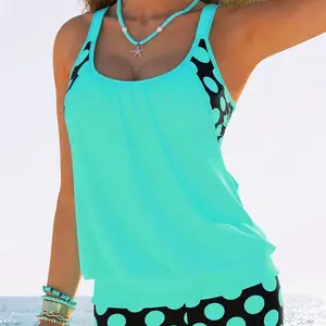 Women's New European & American Style Sexy Strappy Polka Dot Tankini Set, Plus Size Two-Piece Fashion Swimsuit, Multi-Color Bathing Suit for Beach Vacation