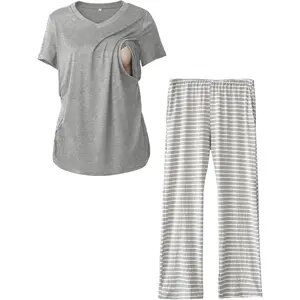 Women's 2-Pack V-Neck Maternity Nursing Pajama Set - Maternity Clothing, Postpartum Outfits, V Neck Shirt, Breastfeeding Sleepwear with Pockets