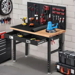 ENJOYWOOD  Work Bench with Storage Adjustable Workbenches with Drawer for Garage 48 Inch Rubber Wood Top Garage Workbench with Pegboard, Power Outlets for Woodworking,Home, Office, Workshop