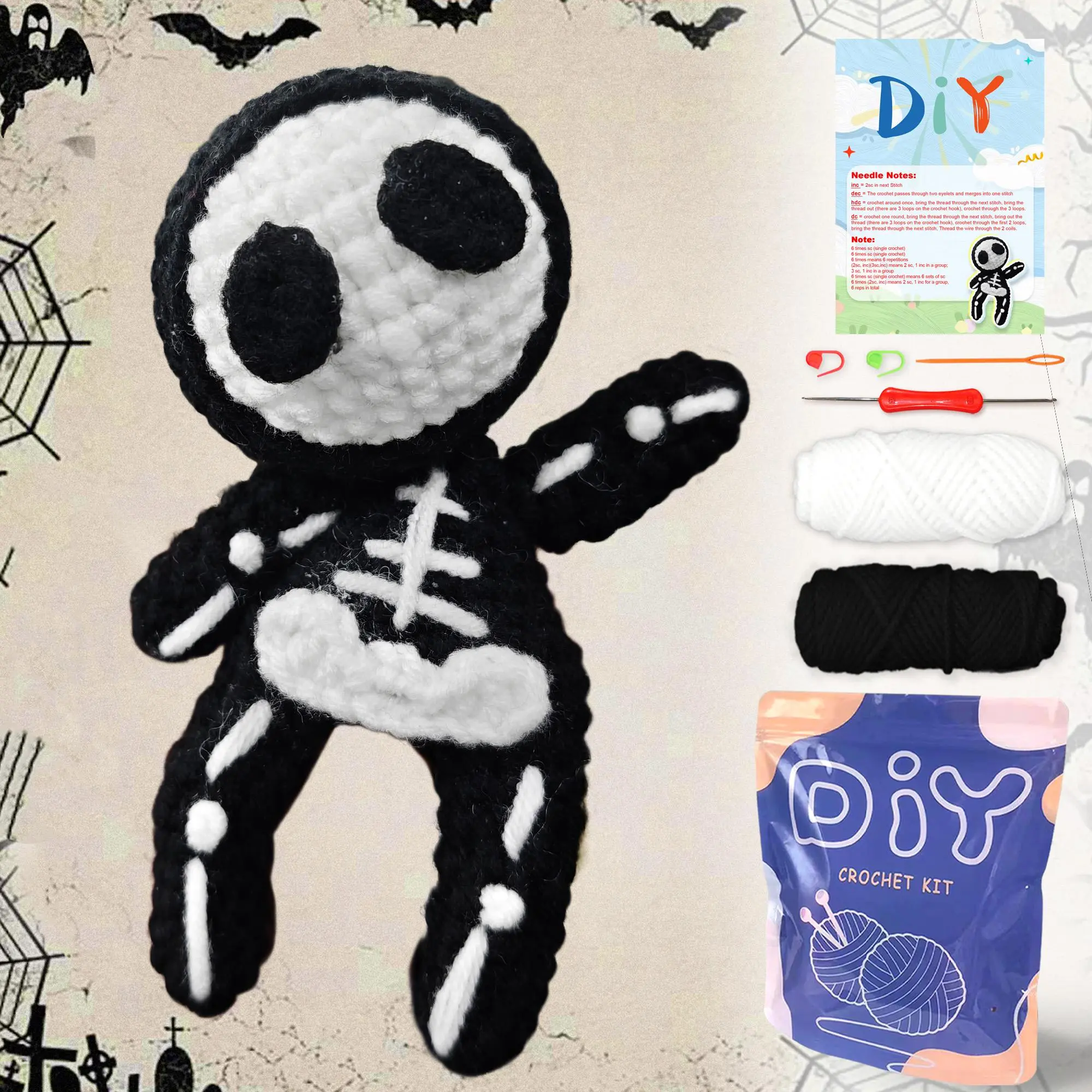 Skeleton DIY Crochet Kit, 1 Set Cute Skeleton Crochet Kit with Random Color Accessories & Step-by-Step Video Tutorial, DIY Crochet Craft for Gift Giving, Crochet Gifts, Crochet Items