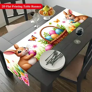 2D Flat, 1pc Easter Rabbit & Easter Basket Table Runner - Vibrant Linen Rectangular Table Decor with Bunny, Eggs & Floral Design, Perfect for Dining Table, Coffee, Kitchen, Party, And Home Decor, Easter Table Decorations