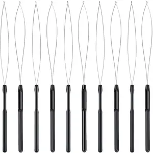 10 Pieces Hair Extension Loop Needle Threader Pulling Hook Tool and Bead Device Tool Black Loop Threader for Hair or Feather Extensions (Black)