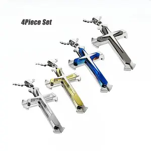 Men Titanium Steel Cross Necklace - Set of 4pc, Eco-Friendly and Hypoallergenic, Vintage Style, Perfect Gift for Any Occasion