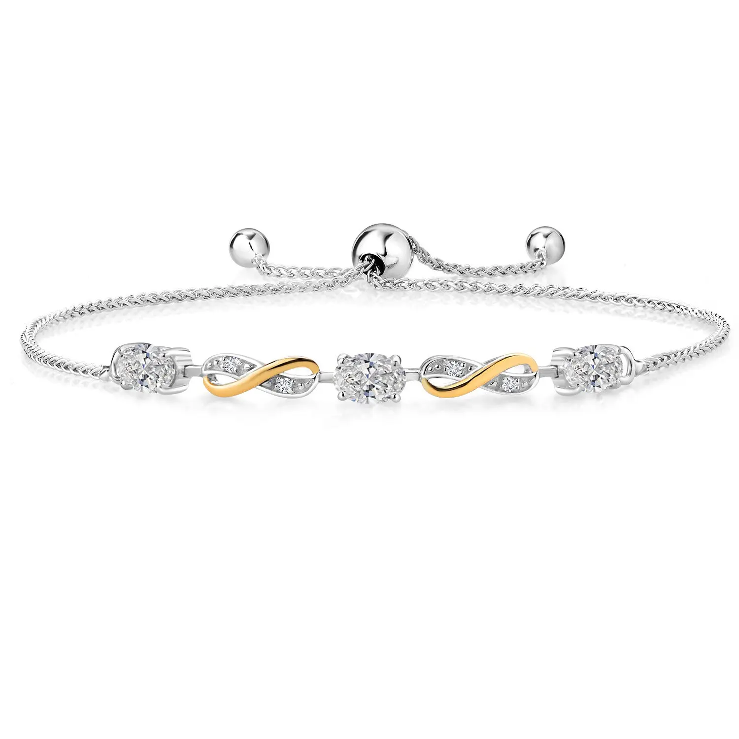 3-Stone Infinity Bracelet for Women | 925 Silver 10K Yellow Gold | 6X4MM Oval Gemstone Birthstone and Lab Grown Diamond | Adjustable Up to 9 Inch