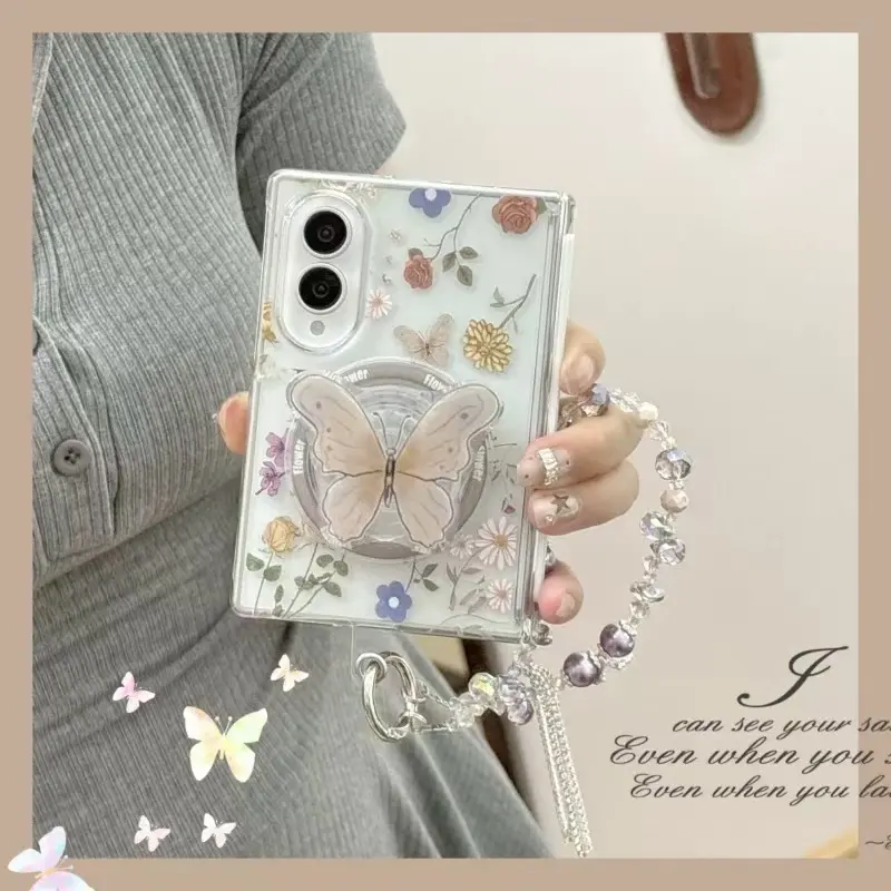 Flower/Floral Butterfly Samsung Z Fold 8 phone case for foldable screen, double-sided protective cover with magnetic center axis, drop-resistant design, stylish and elegant, creative flip cover