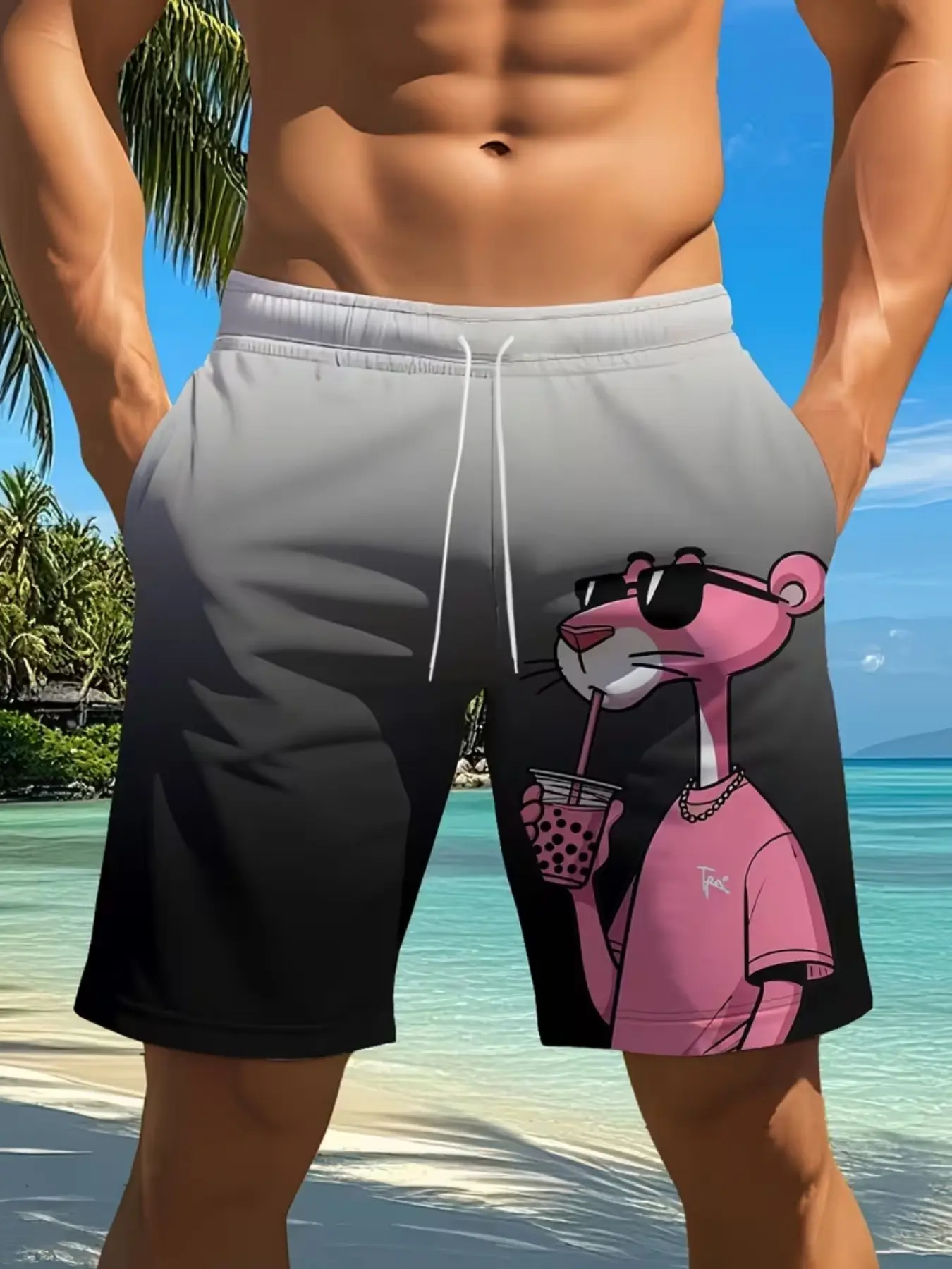Men's Hawaiian Tropical Casual Fitted Shorts, 3D Digital Gradient Print, Adjustable Drawstring Waist, Cartoon Pattern, Beach Summer, Casual Summer Outdoor, Beach Shorts Clothes