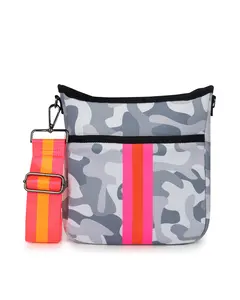 Jeri Rise Crossbody Y2K Camouflage Bag with Pink Orange Stripes & Solid Gray Strap Top Zipper Closure Hidden Pocket