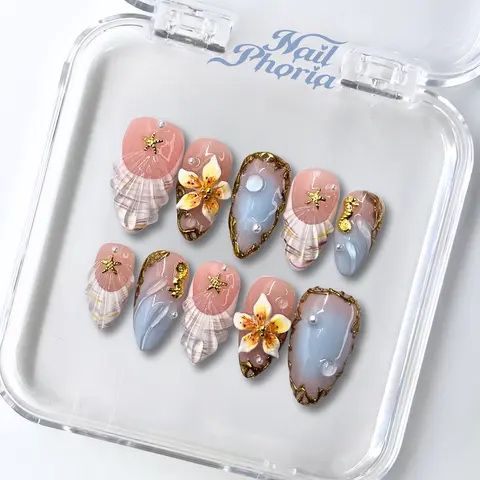 NailPhoria PACIFIC TREASURE - Handmade Press-On Nails | Reusable, Salon-Quality, Long-Lasting, Glossy Design
