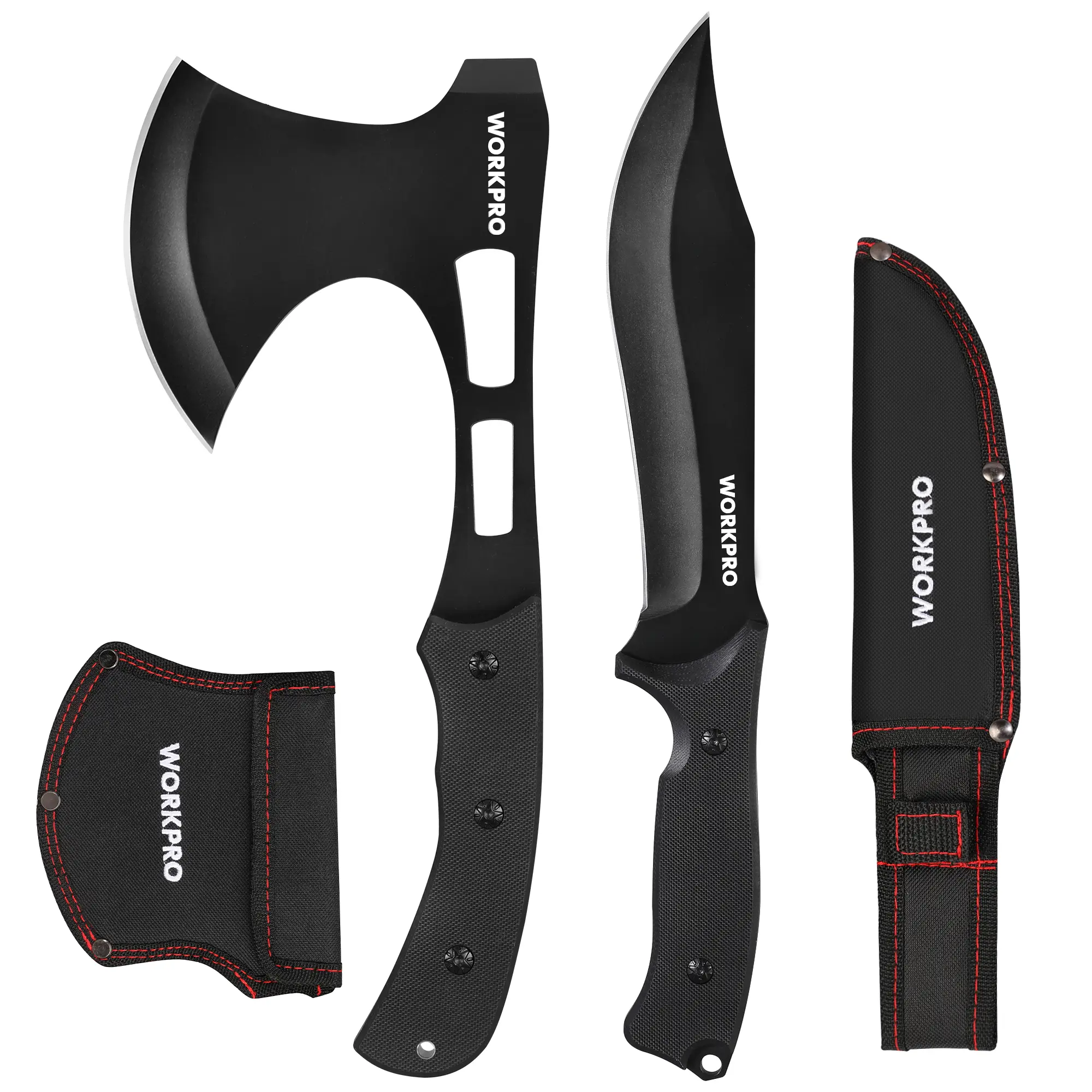 #BacktoSchool WORKPRO Hunting Knife and Hatchet Axe Combo Set - Full Tang Fixed Blade Tactical Knife and Camping Axe - Survival Knife and Camping Hatchet with Sheathes - Tactical Knife and Survival Axe for Men