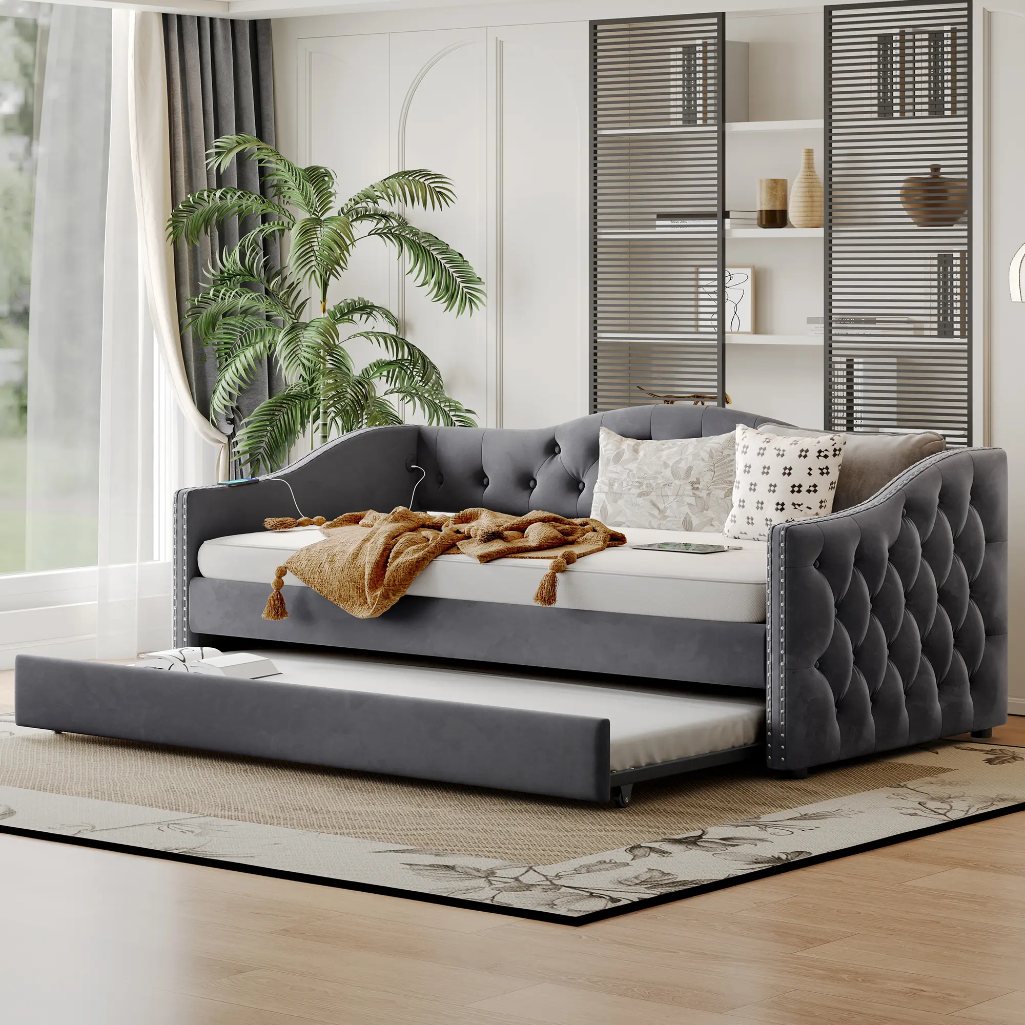 Twin Size Upholstered Daybed with Trundle and 2 USB Ports, Tufted Sofa Bed w/Button on Back and Piping on Waved Shape Arms for Bedroom Guest Room, No Box Spring Needed (Dark Grey, Twin w/Trundle)
