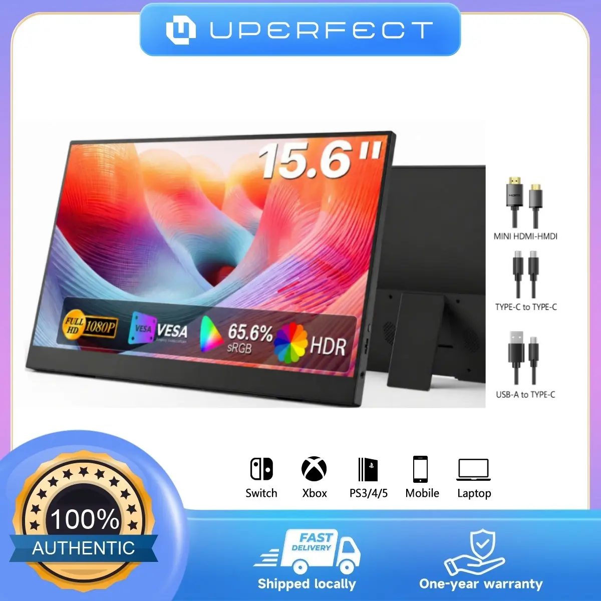 UPERFECT 15.6in Fast IPS Monitor, 1920x1080 Portable Gaming Setup Display with Adaptive Sync, Ultra-slim Eye-care Design, Built-in Dual Speakers, Stand & Complimentary Protective Sleeve for Laptops/Phones/Tablets